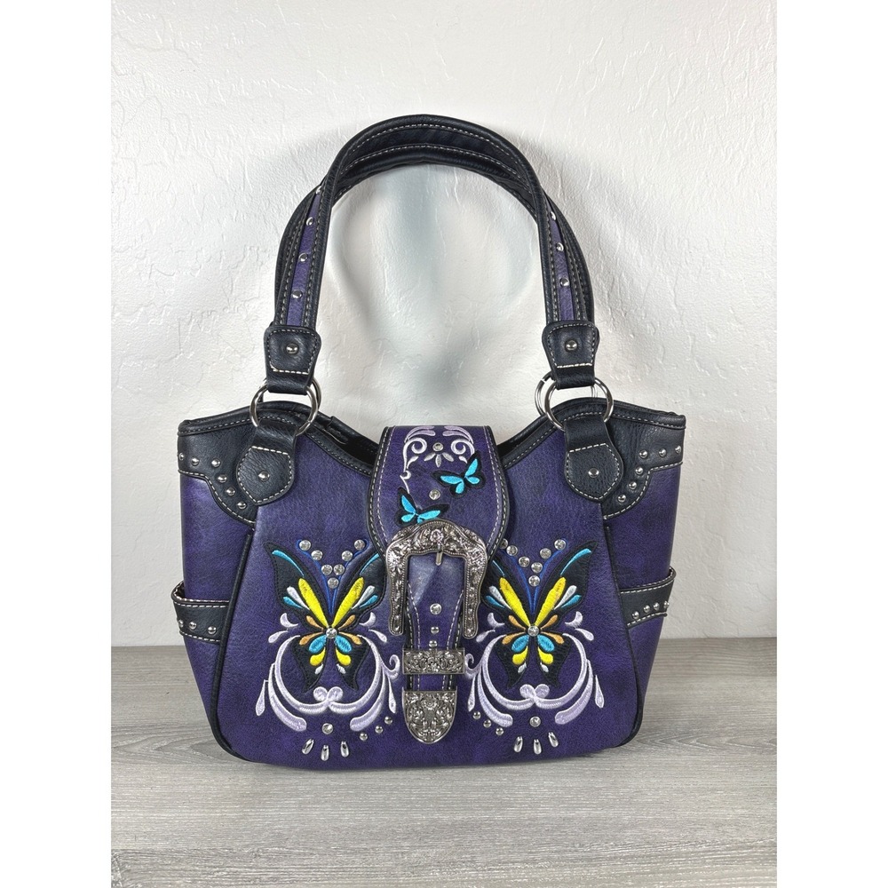 Western Butterfly Purple Faux Leather Studded Buckle Conceal Carry Shoulder Bag